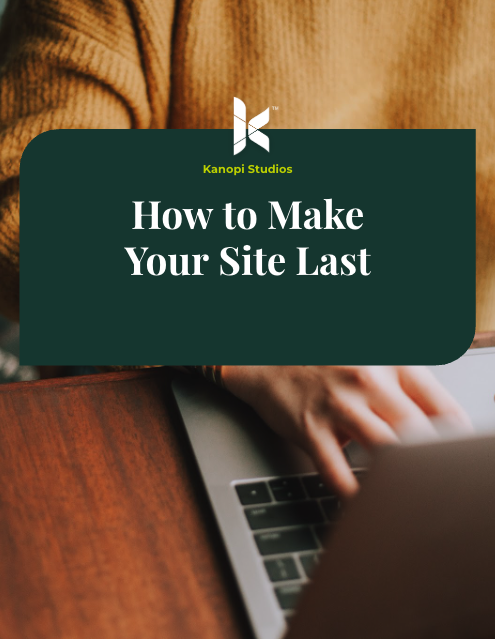 Cover of the eBook "Make Your Site Last" with close up of a person's hands using a laptop